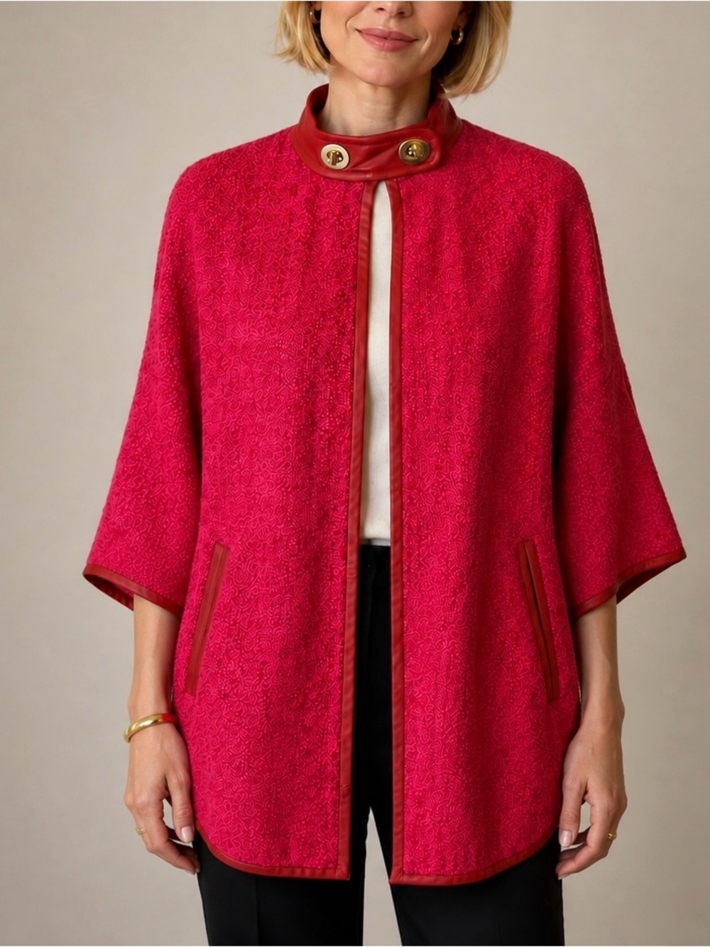 Coach Pink Short-Sleeve Bouclé Sweater Jacket with Leather Trim Small - Picture 4 of 11